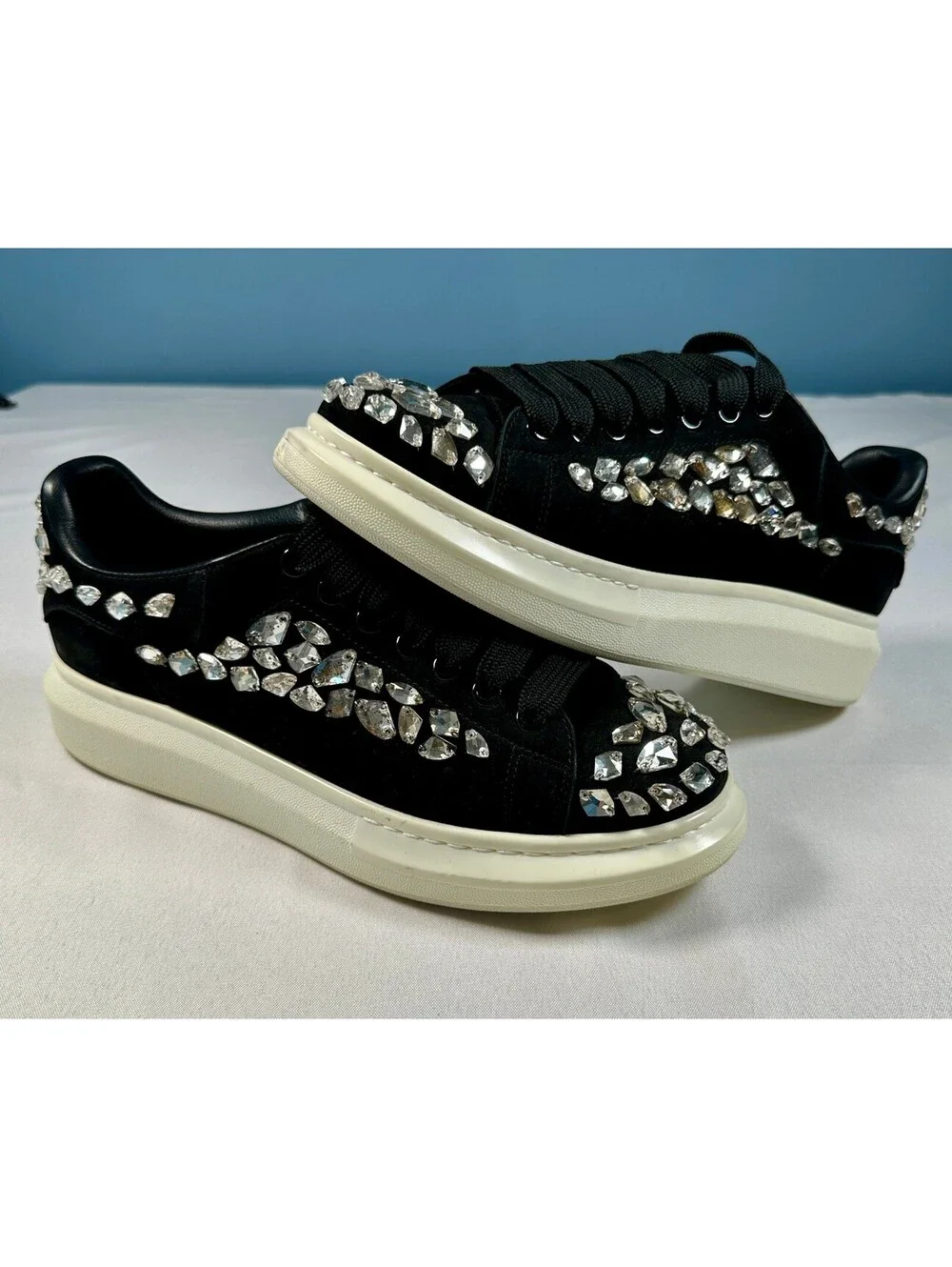 Alexander McQueen Black Suede Crystal Embellished Oversized Sneakers Size 46